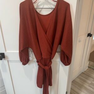 Elegant Long Sleeve Wrap Dress - Rust